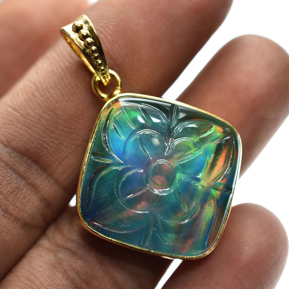 Multicolor 37.55Ct Natural Opal CERTIFIED 18K Gold Plated Square Cushion Pendant MY.PDG-330-NS