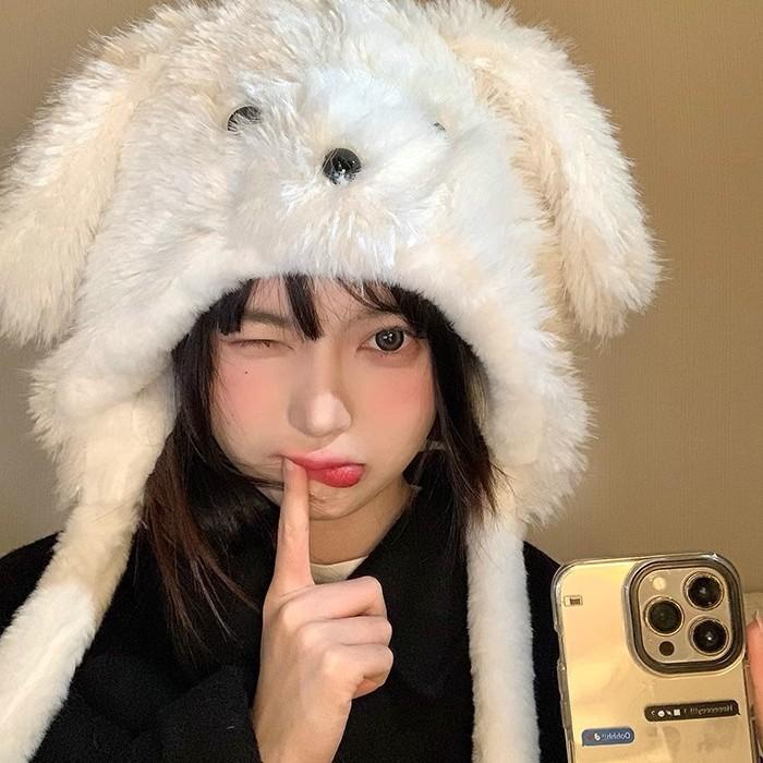 Thickened Plush Hat Female Winter Cute Moving Cartoon Ears Warm Ear Protection Cycling Pullover Hat
