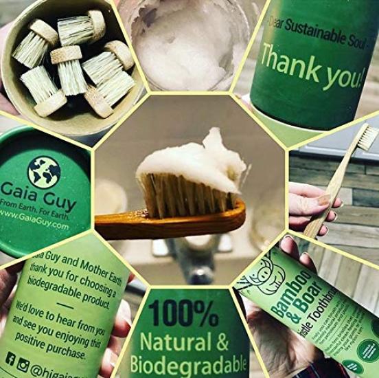 Natural bristle bamboo toothbrush (nylon-free) - 100% biodegradable, boar bristles, bamboo handle, zero waste - 6-pack
