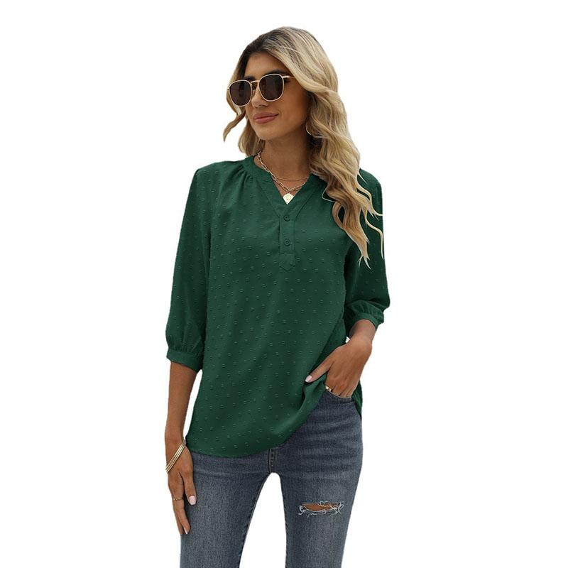 Spring and Summer Women's T-shirt Stand-up Collar Mid-sleeve Shirt Jacquard Hairball Casual Blouse Loose Top Shirt