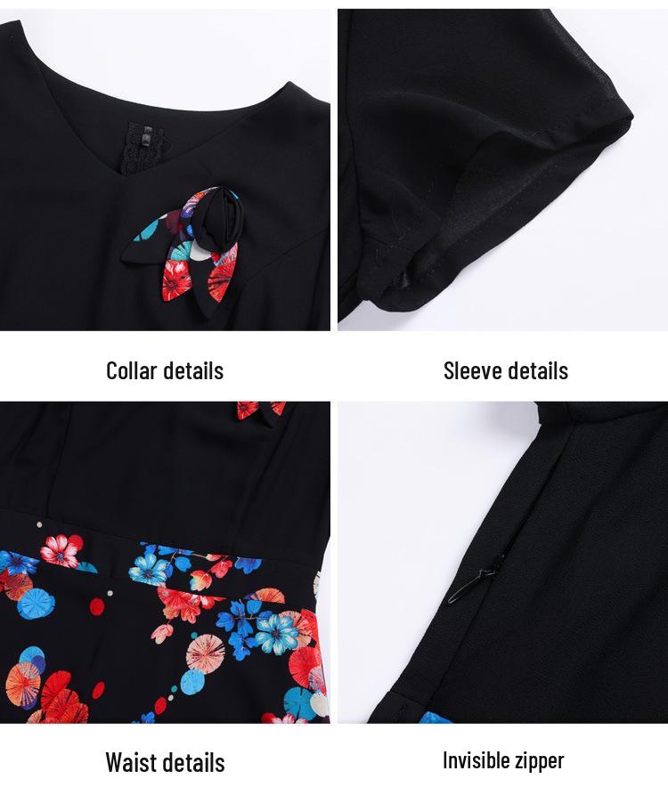 Women's Elegant Waist-Cinching Summer Chiffon Dress - Short-Sleeve, Two-Piece Look with Printed Design