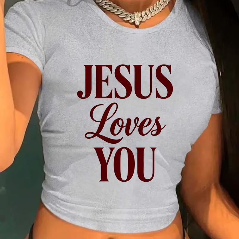 Women's Letter-style Sexy Cropped Top, Printed with 'Jesus Loves You', 90s Retro Graphic T-shirt, Crew Neck Short Sleeve Cropped T-shirt