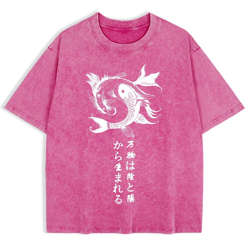 Japanese Koi Harajuku Printed Washed T-Shirts Mens Cotton Short Sleeve Tops Summer O-Neck Oversize T Shirt Clothes
