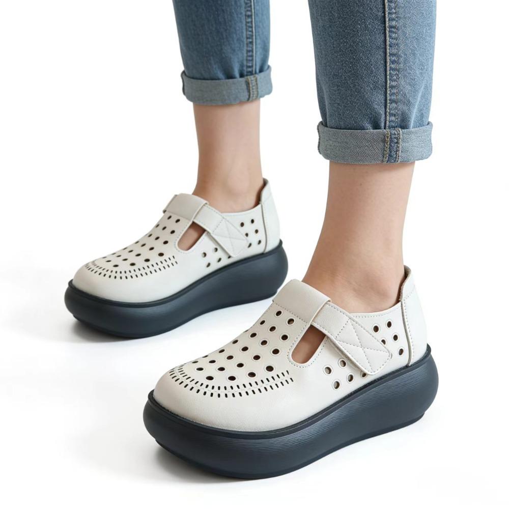 Sapatos Plataforma Mary Jane Femininos de Verão Vazados Respiráveis Recortados Casuais Aumentadores de Altura Sapatos Brancos 5cm Conforto Macio