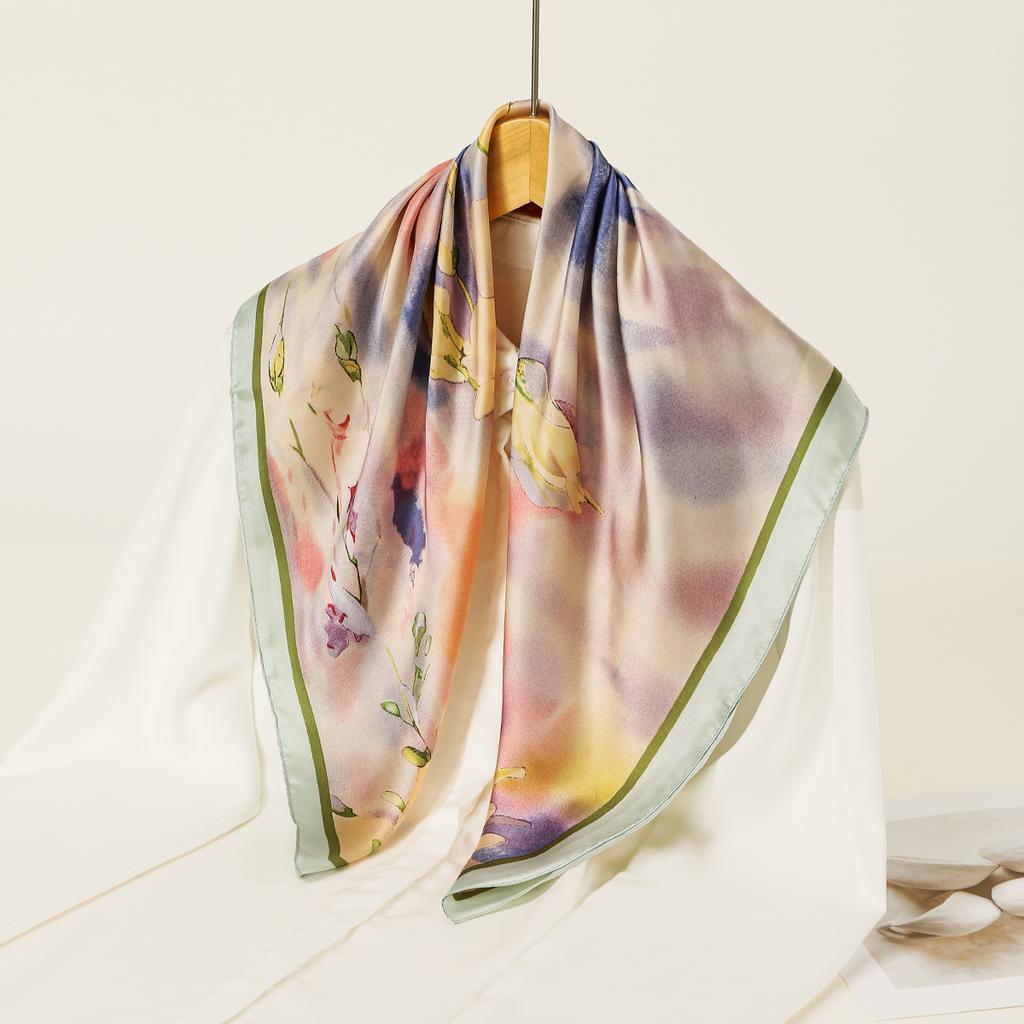 Chinese Style Flower Silk Shawl Print Headscarf Hair Wrap Neckerchief Female Satin Square Scarf For Women Headband Foulard Hijab