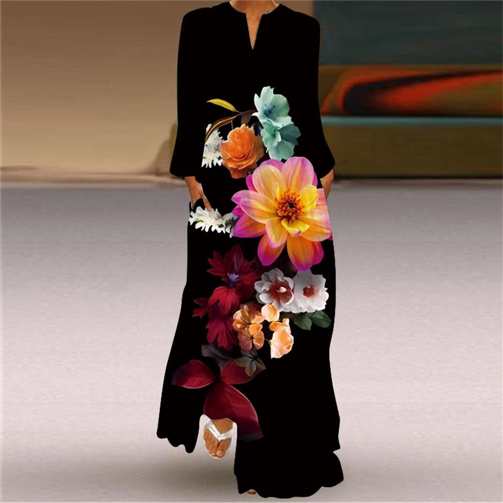 Fashion Women's Casual Summer Loose Printed Round Neck Long Sleeve Dress