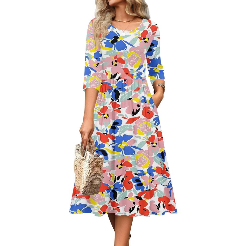 3/4-Ärmel Damenkleid Lässig Fließend A-Linie Midi T-Shirt Kleider mit Taschen Rundhalsausschnitt Urlaub Boho Strand Sommerkleid