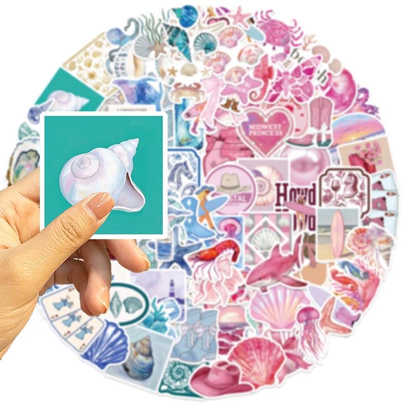100PCS Ocean Stickers Cute Sea Creature Aesthetic Decals Blue Pink Vinyl Waterproof Stickers Water Bottles Laptops Scrapbooking