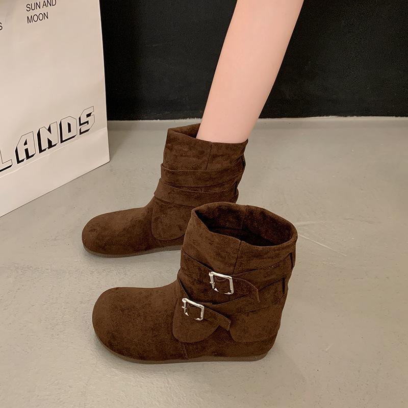 Retro inner heightening short boots women's 2025 autumn and winter new round head soft sole Birkenstock boots short western cowboy boots