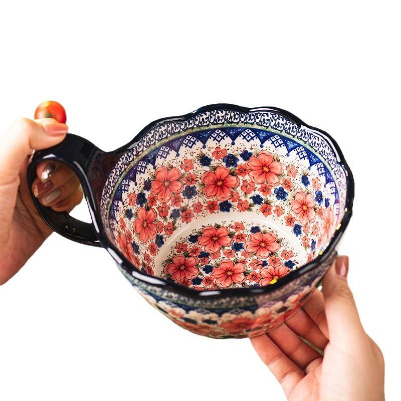 Handlebar Bowl Retro Ceramic Bowl Instant Noodle Bowl Household Tableware Soup Bowl Rice Bowl Large Bowl Salad Bowl Personal