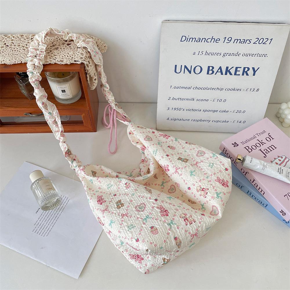 7 Simple Underarm Bag Women's New Large-capacity Cartoon Embossed Fashion Drawstring Shoulder Canvas Bag