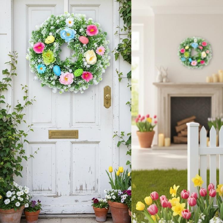 Bunter Plastik-Osterkranz mit simulierten Eiern und Blumen Handgefertigte Girlanden für Festival-Heimparty-Dekoration