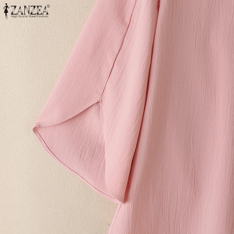 ZANZEA Womens Summer V-Neck 3/4 Sleeve Loose Ruffles Blouse