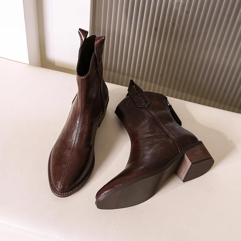 Botine Scurte Western cu Vârf din Piele Naturală Franceză pentru Femei cu Toc Mediu, Pantofi de Slăbit Negru/Maro, Fermoar la Spate, Botină Chelsea Mărimea 43