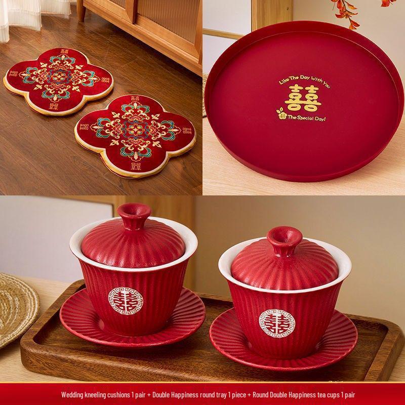 Red Wedding Kneeling Cushions for Tea Ceremony and Bride's Address Change - Complete Cotton Set.