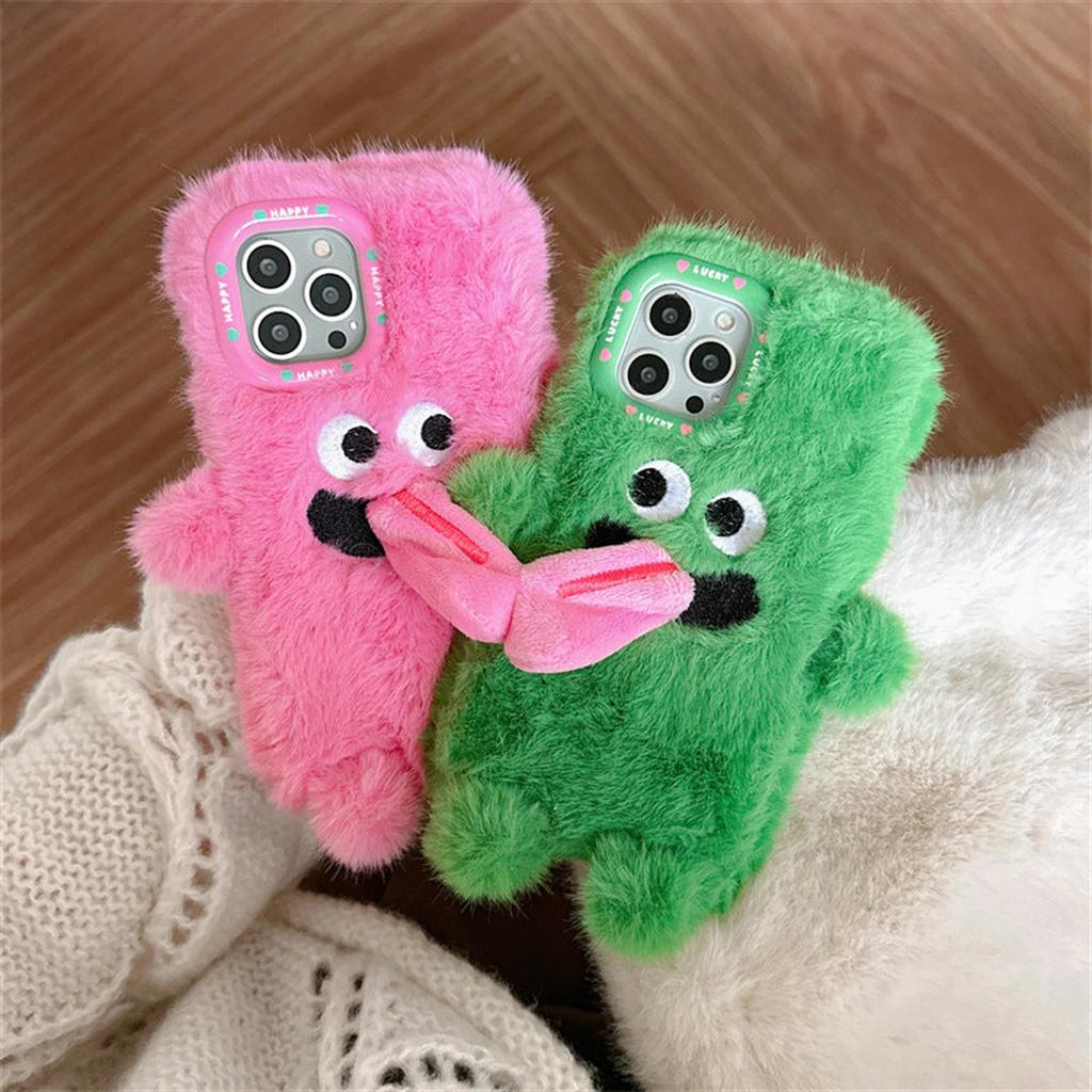 Funny Tongue Sticking Out Plush Mobile Phone Case, Winter Warm Fuzzy Phone Case Cover, Christmas Cute Phone Case For 15