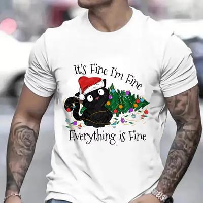 Ça va, je vais bien, tout va bien T-shirt de Noël pour homme imprimé chat drôle et lumières de Noël Y2k Tops Esthétique Harajuku Vêtements pour homme