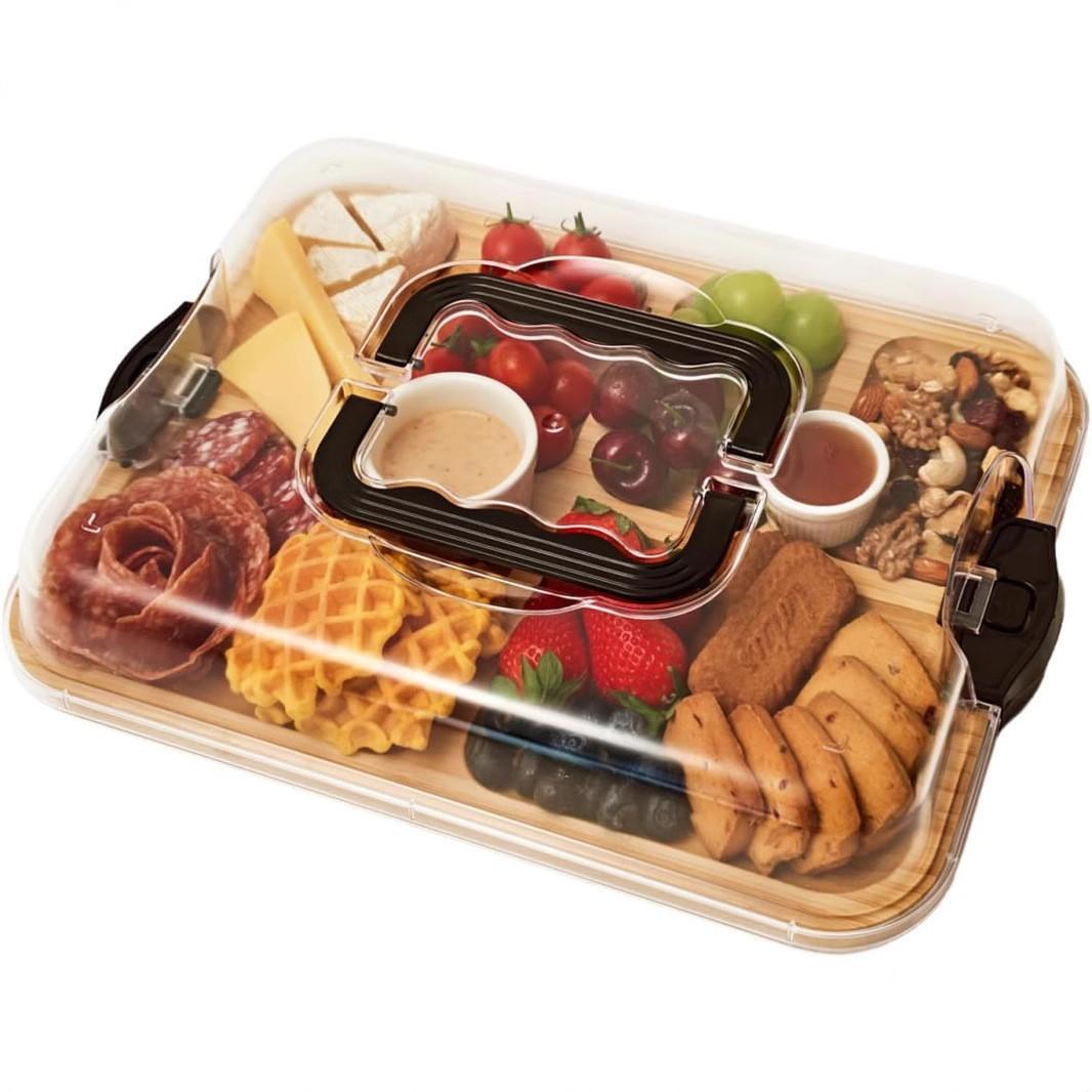 

1-piece Eco-friendly Bamboo Cheese Board with Safety Snap-on Acrylic Lid - Portable Food Tray for Camping, Parties, Restaurants чорний