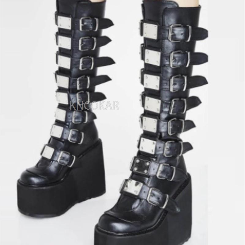 Black Pink Platform Boots Gothic 2YK Boots Lady Buckle Autumn Shoes Women Knee High Boots Punk Street Cosplay Boots