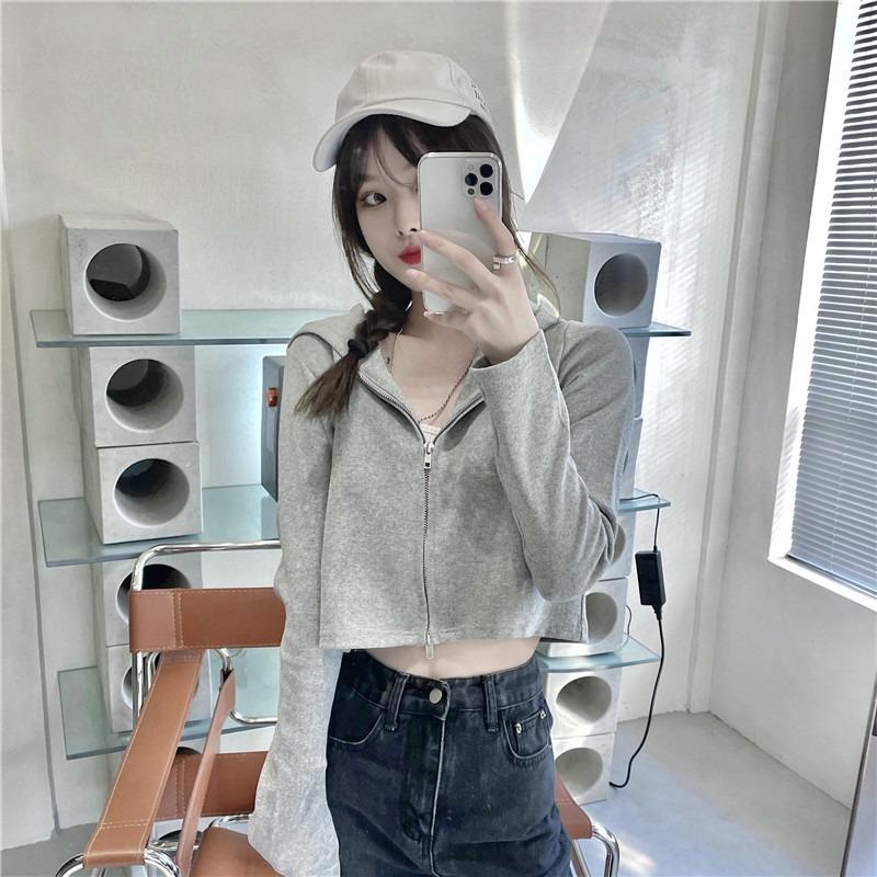 cc hooded cardigan sweater women's thin zipper short cotton top jacket support