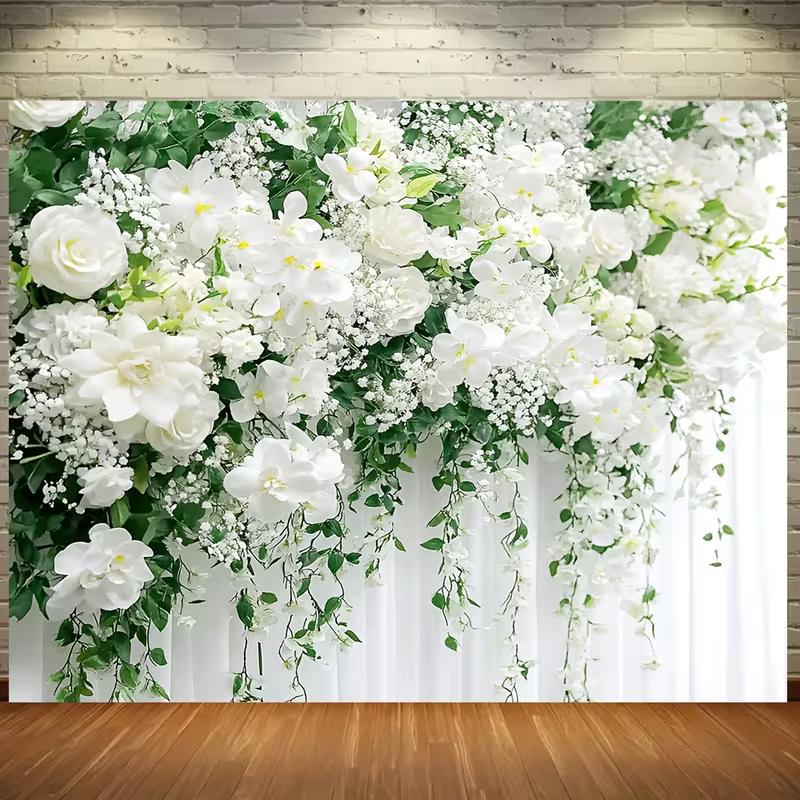 2D Printed Backdrop with White Roses, Greenery and Draped Curtains