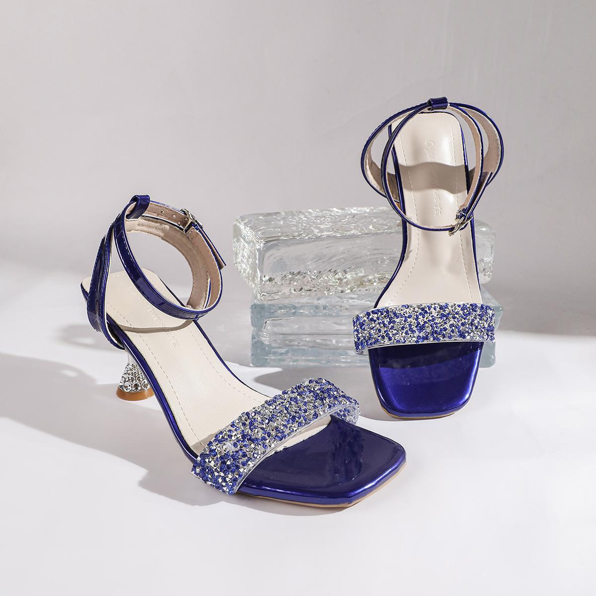 Square Toe High-heeled Sandals For Women In 2026 Summer Plus Size Rhinestone Straight Strap Sandals 35
