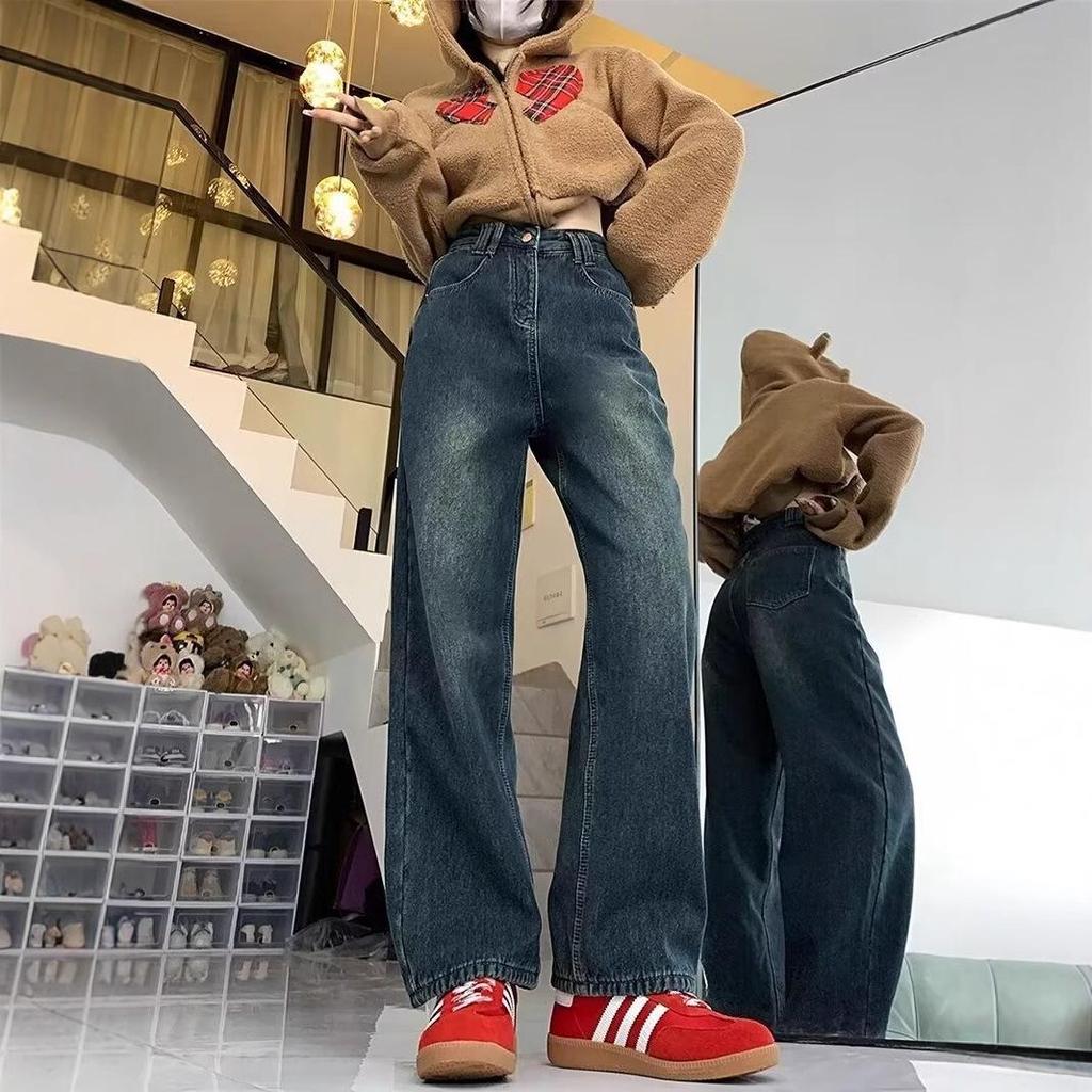 Women's High-Waisted Fleece-Lined Jeans - Winter 2024, Loose Slimming Fit, Plus Size, Straight Wide Leg.