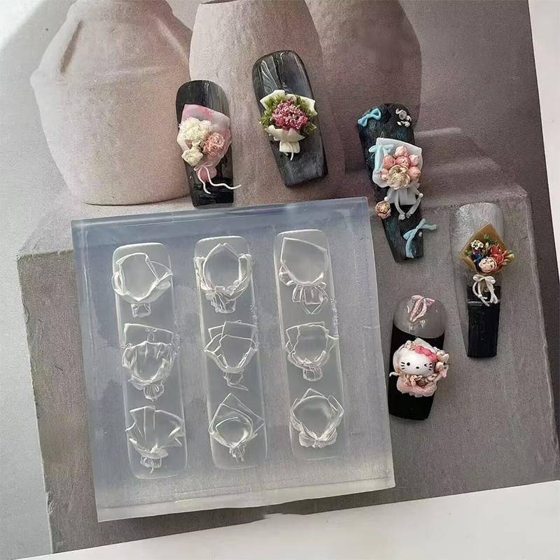 1 Stück Silikon Schleife Nagelkunstform Rosenblüten-Strauß-Stil Hochtransparent 3D-Nageldekorationen Nagelanhänger DIY Maniküreform