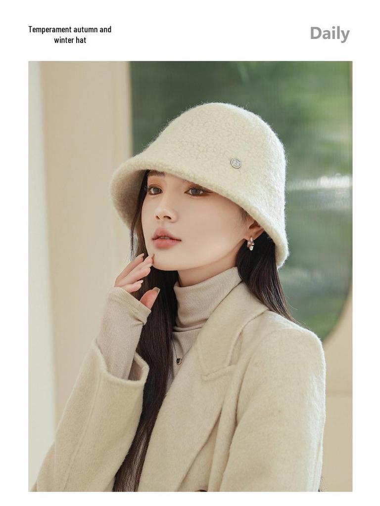 Körniger Woll-Damen-Bucket-Hat - Gesichtsschlankmachend, Breite Krempe, Warm für Herbst/Winter
