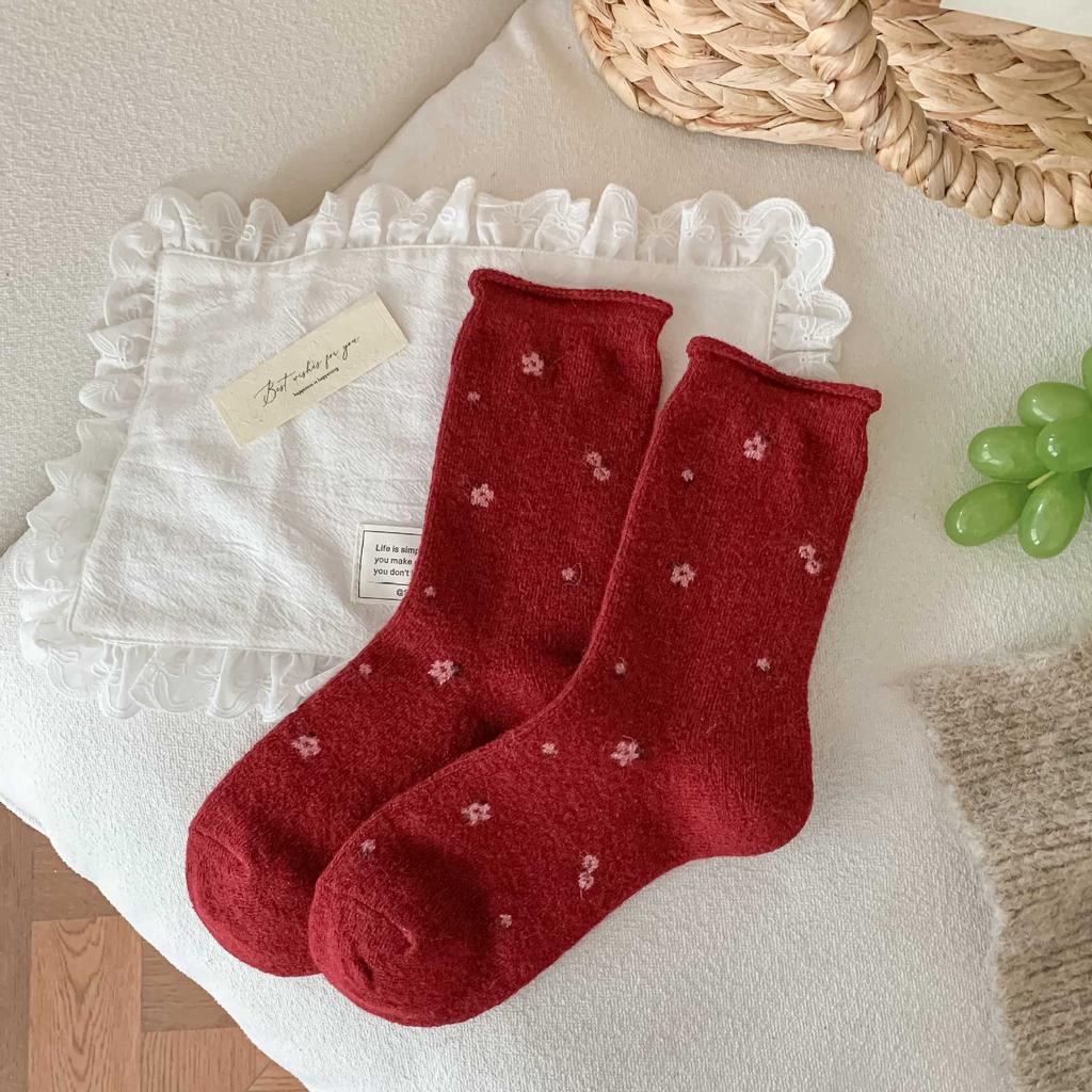 Red Wool Socks Fashion Red New Year Socks Christmas Socks Bow Socks