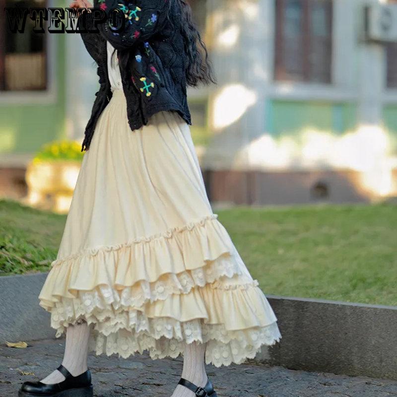 WTEMPO женская весенне-осенняя японская милая винтажная тонкая бежевая длинная юбка — фото 3