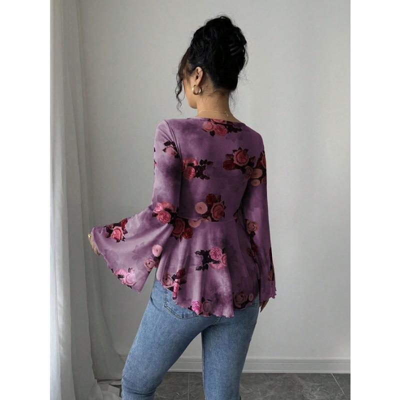 DAFIFY Women's Fashion Casual Spring Autumn Flower Pattern Print Long Sleeve V-Neck Blouses & Shirts
