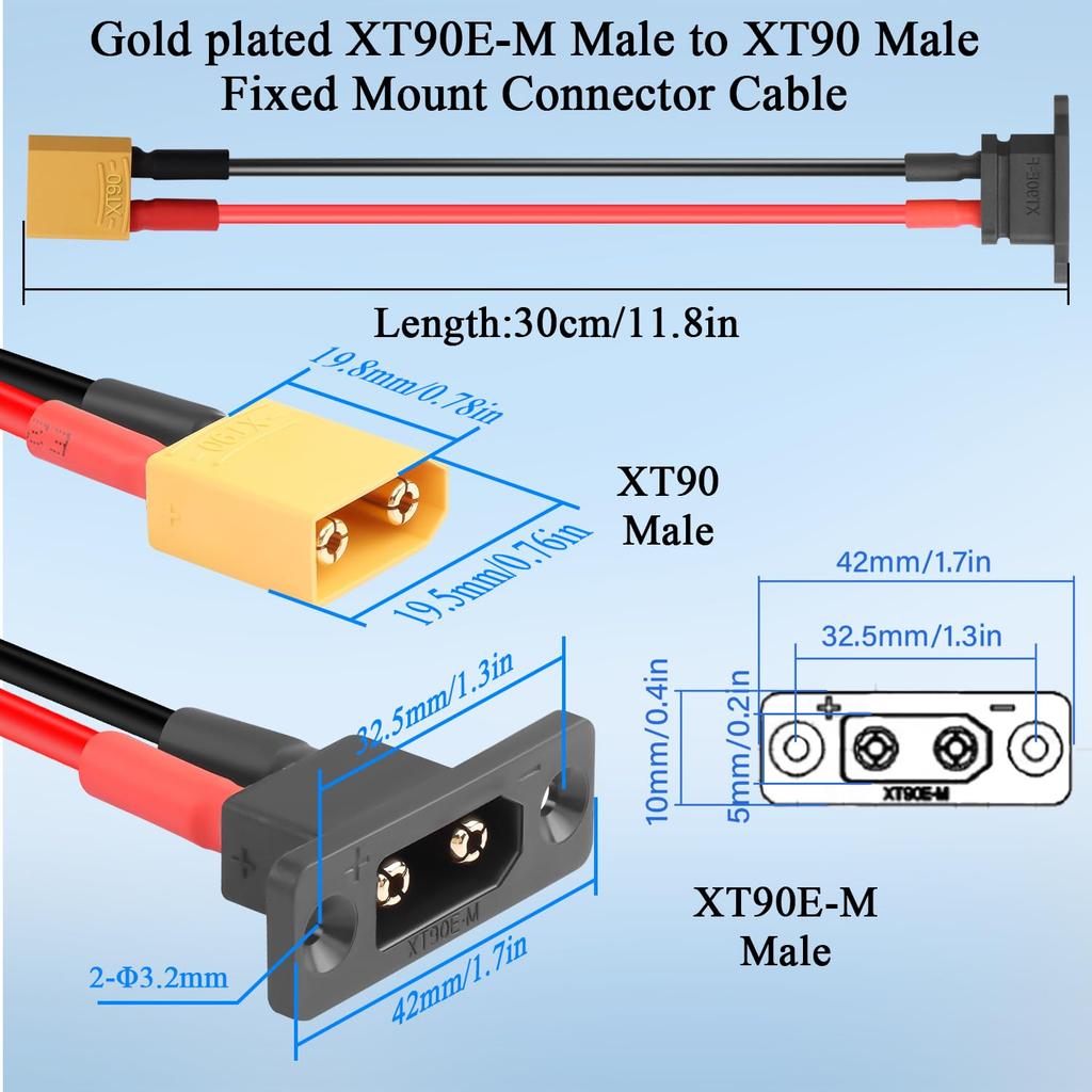 XT90E-M Male to XT90 Male Cable 30cm 10AWG Gold Plated with Bulkhead Mount, Dust Cap – RC Adapter for Lipo Batterie