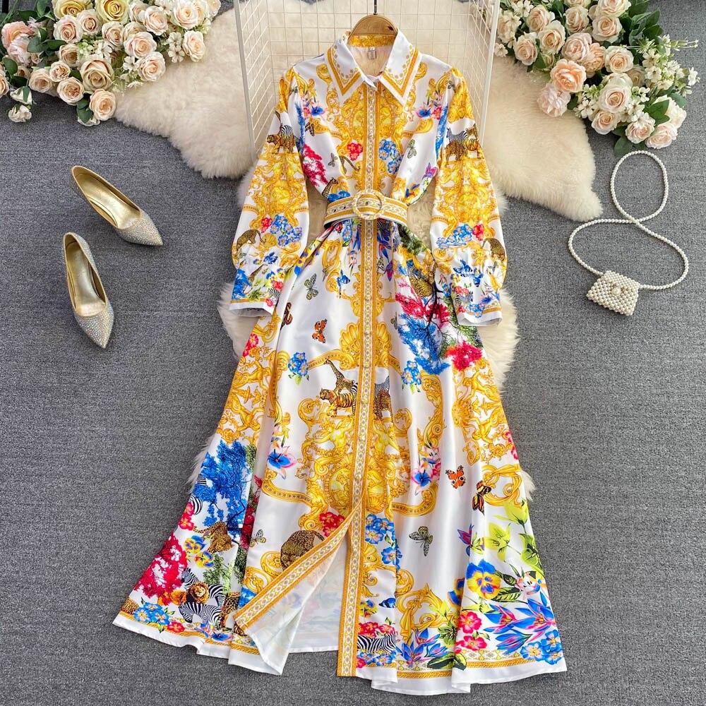 

Однобортное платье трапециевидной формы с длинными рукавами и длинными рукавами в стиле ретро, ​​утягивающее платье трапециевидной формы с принтом, элегантная длинная юбка