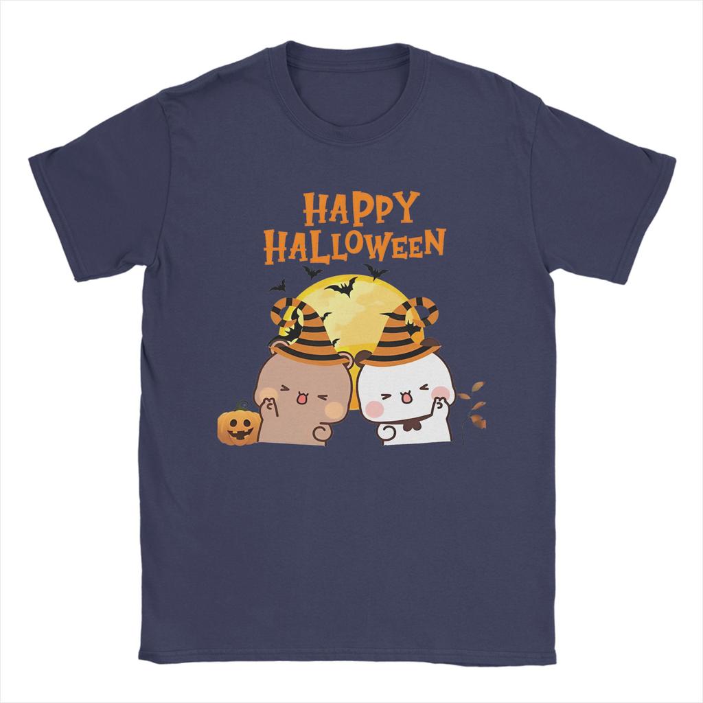 DuDu Bear and BuBu Panda Halloween T Shirt Men's Cotton Tops Aesthetic Kawaii Round Neck Short Sleeve