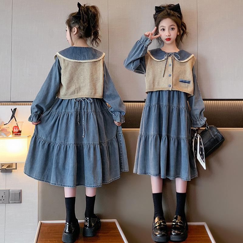 

Spring & Autumn Denim Princess Dress Set for Girls Aged 8-9 140cm