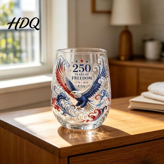 Large Capacity Wine Glass Cup Egg Shape Clear Lead-Free Crystal Enamel Painted Golden Rim Liberty Bell Themed Vintage Drinking Tumbler Glassware for