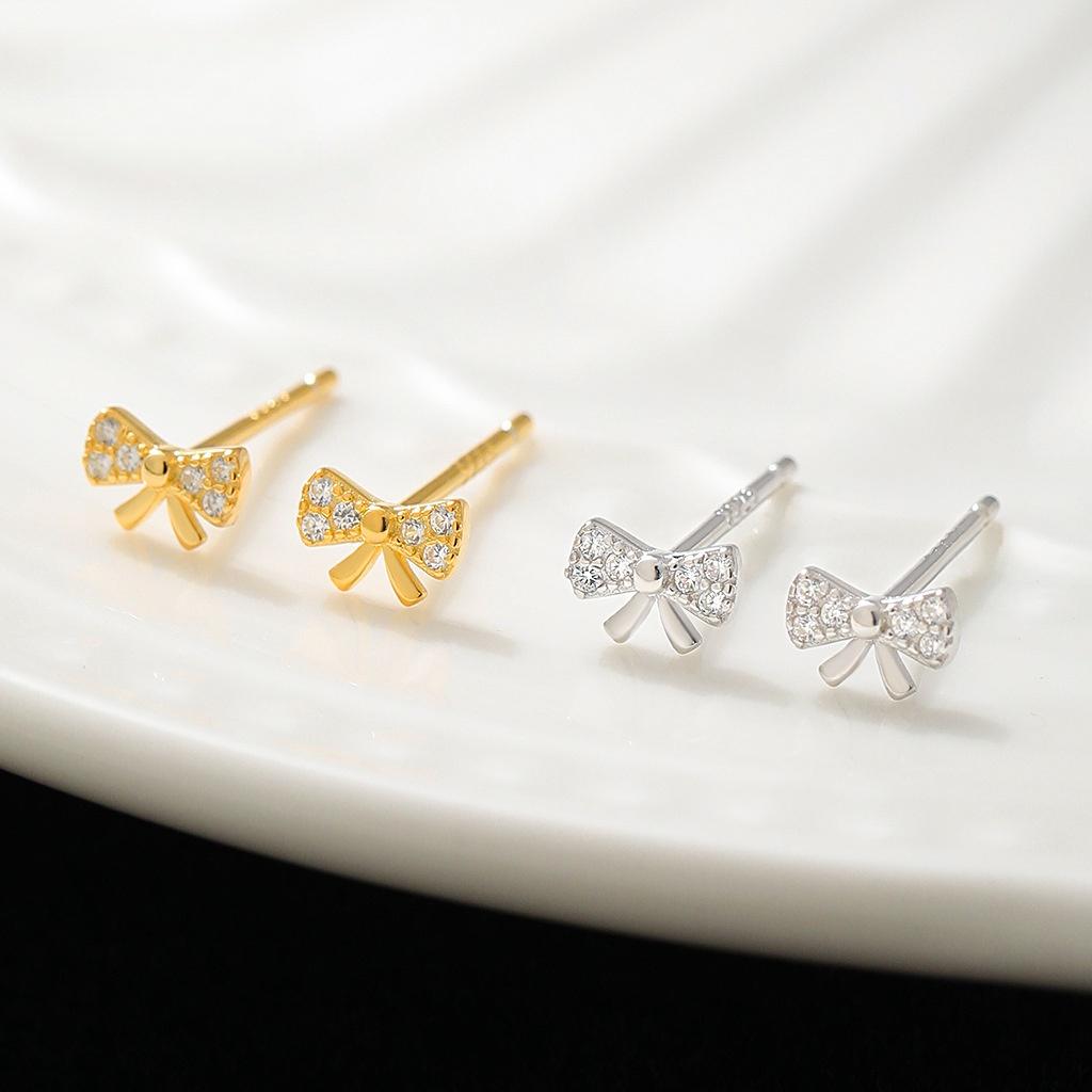

925 Sterling Silver Gold Plated Bow Stud Earrings with Cubic Zirconia | Dainty Cute Jewelry for Women Silver