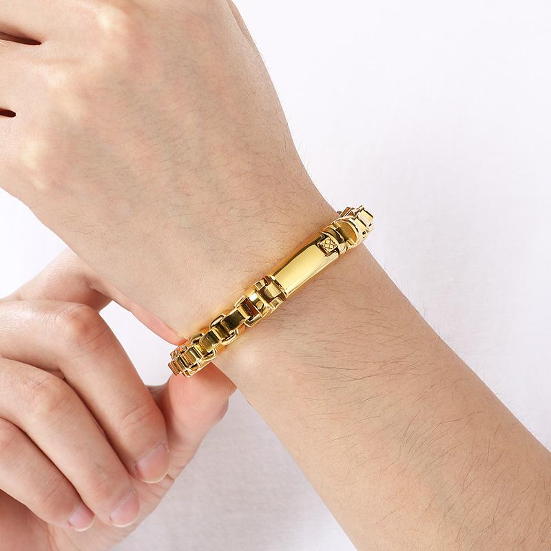 Shiny Gold Color Stainless Steel Square Chain Bracelet for Men Hip Hop Minimalist Style Jewelry High-Quality Metal Accessories