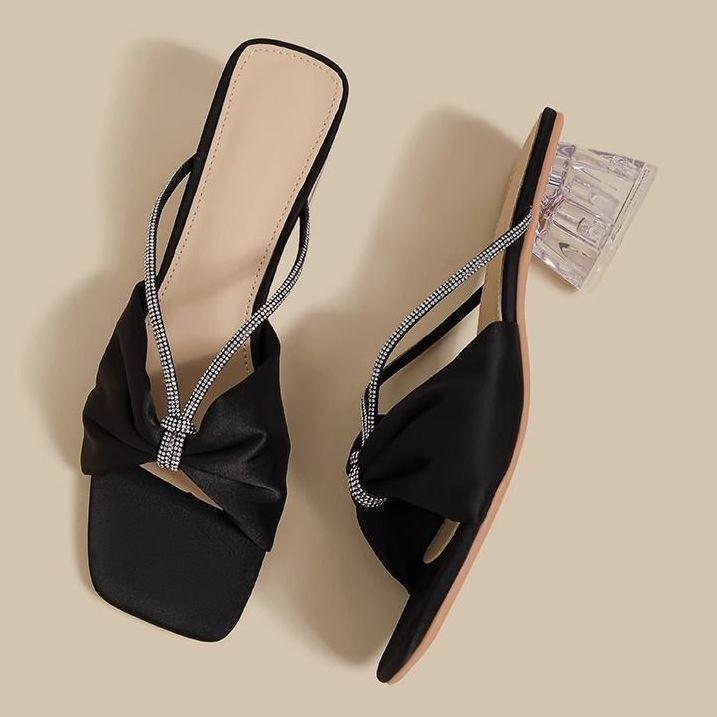 Bow high heels French high-end feeling with skirt cool slippers 2025 summer and autumn new fashion beautiful crystal heel