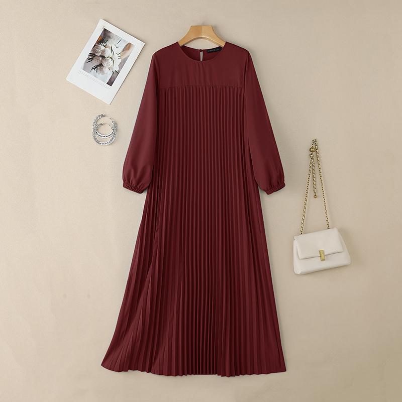 ZANZEA Women Round Neck Long Sleeve Casual Pleated Long Dress