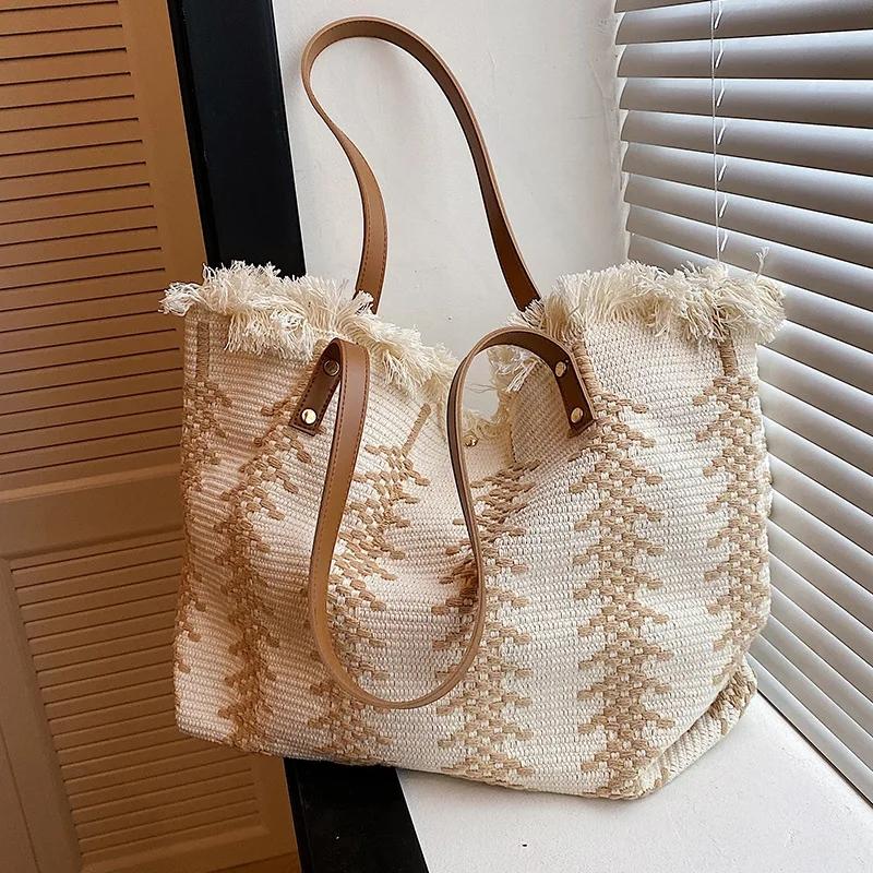 Casual Travel Stripe Design Shoulder Bag New Tassel Handbags Woven Canvas Bag Women's Large Capacity Tote Bag