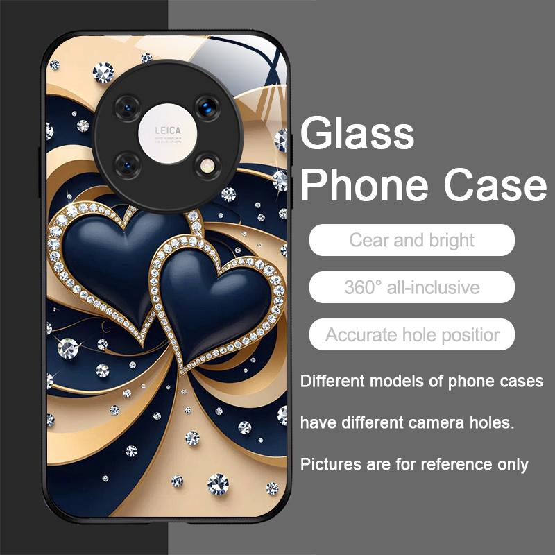 Stylish Black White Heart with Pearls Tempered Glass Phone Case for Huawei Honor 200 100 90 80 Magic 7 Pro 6 5 Lite X9 X8 Covers