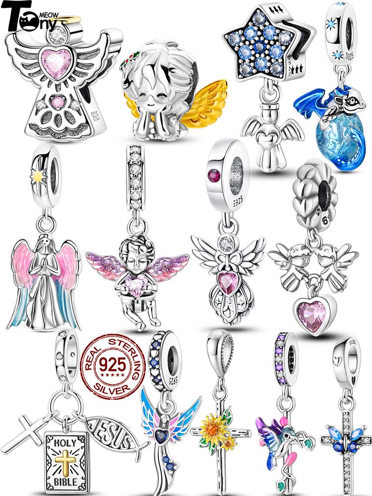 Original 925 Silver Easter Charms Angel Zircon Cross Beads Pendants Fit Original Bracelets For Women DIY Jewelry Gift