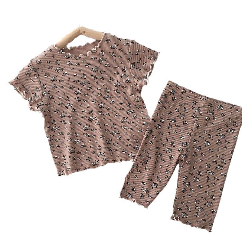 Ice Silk Girls Floral Summer Pajama Set - Short Sleeve Top & Shorts 80