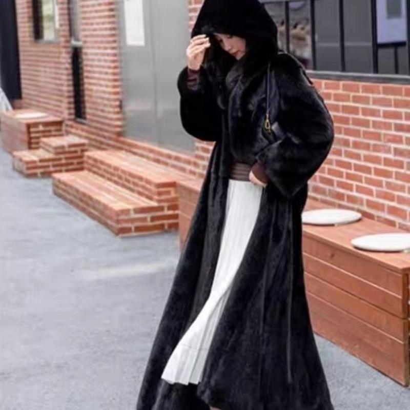Winter new fur coat women's plus long knee loose hooded belt high feeling imitation mink coat