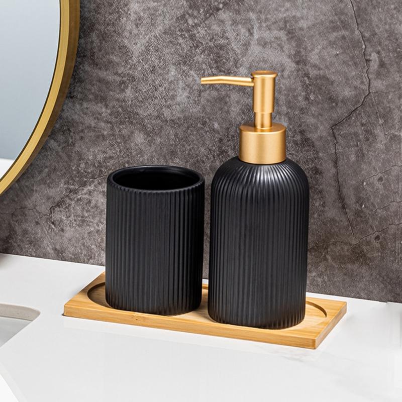 3PCS Ceramic Liquid Soap Dispenser with Storage Wood Tray Toothbrush Cup for Household Bathroom Organizing Essential