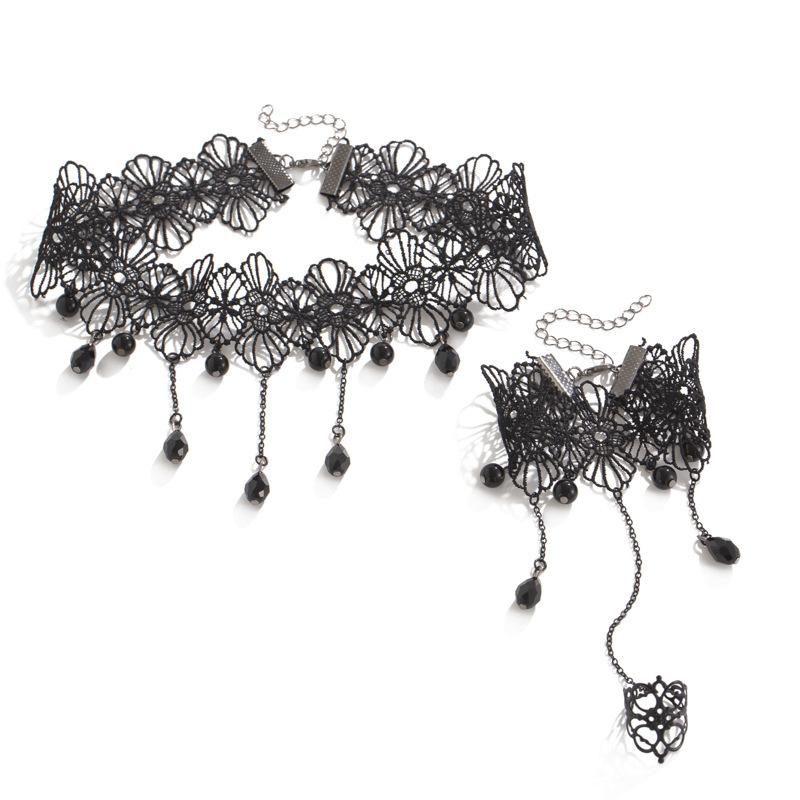 Gothic dark crystal fringed flower necklace sexy sweet cool black lace collar item jewelry
