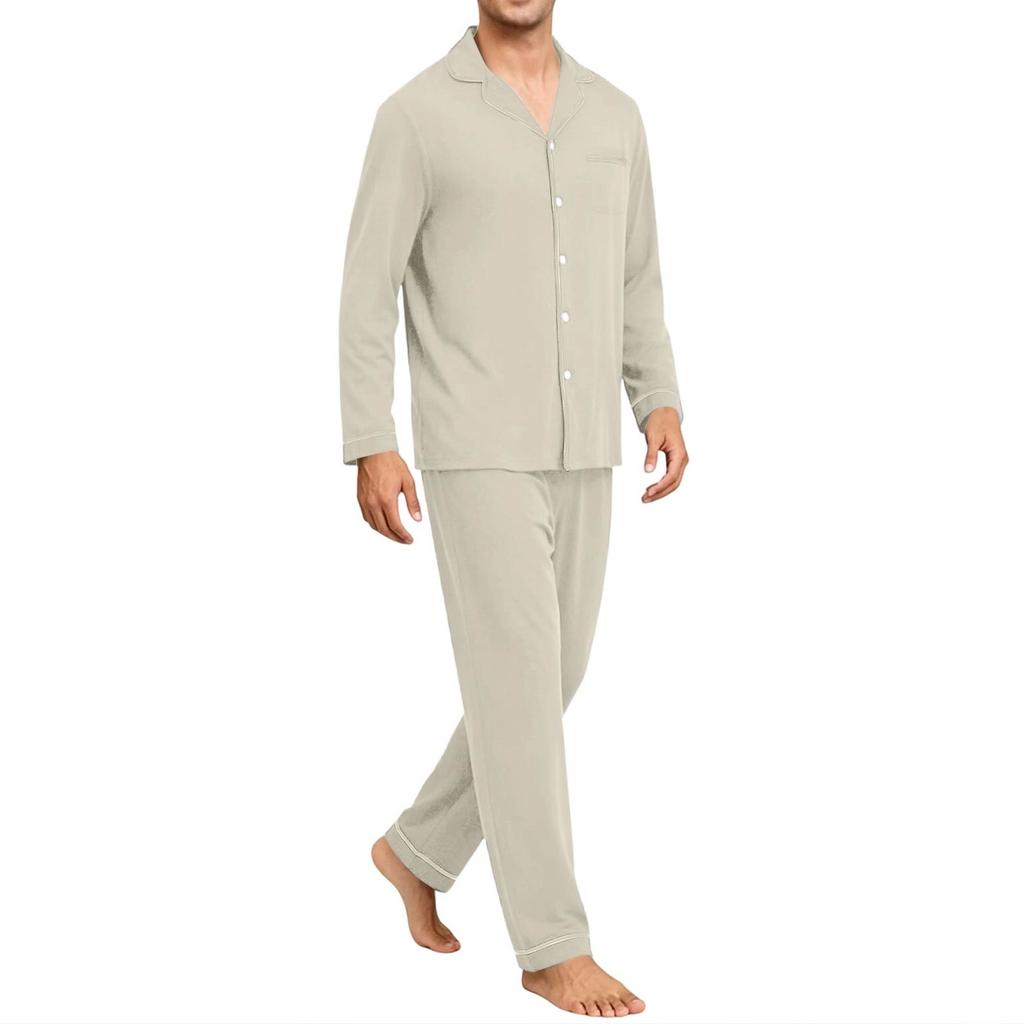 Men's Comfortable Button-Down Pajama Set Long Sleeve Loungewear for Sleep and Home