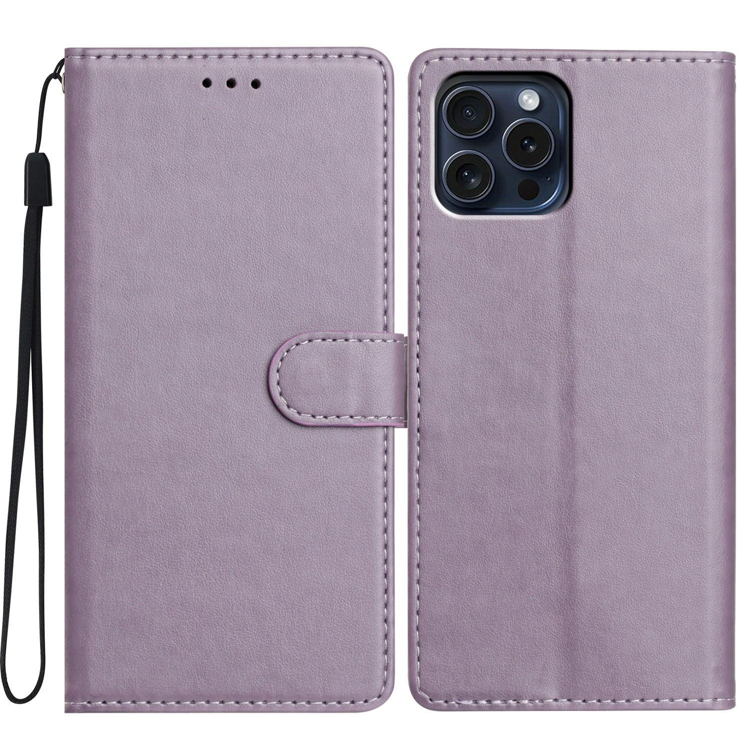 

For iPhone 16 Pro Leather Phone Case Wallet Stand Cover with Handy Strap Purple